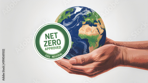 Hands holding globe symbolizing net zero emissions for environmental sustainability.