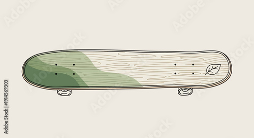 Illustrated Skateboard with Wooden Texture and Green Leaf on Light Beige Background