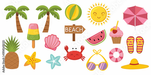 Colorful summer beach elements including palm trees fruit and accessories