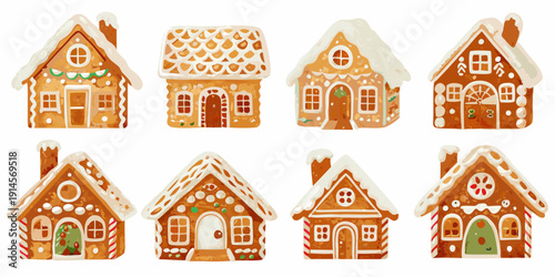 Eight decorated gingerbread houses arranged on a white background