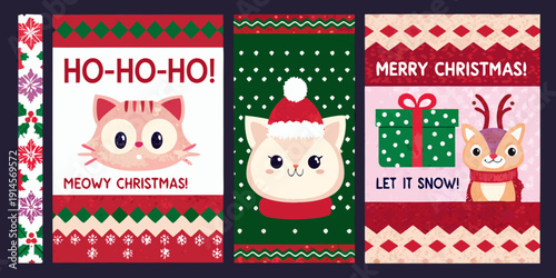 Festive christmas sweaters with adorable cats and holiday greetings