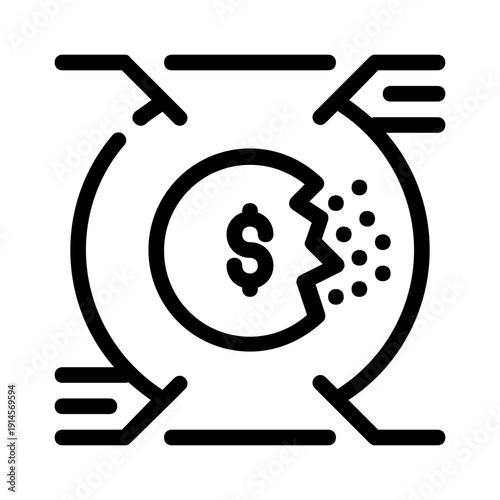 Broken dollar coin in a circle currency. Suitable for financial crisis concepts, money problems, economic downturn, banking issues, devaluation illustrations.
