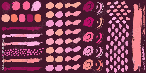 Abstract brushstrokes and shapes in shades of pink coral and maroon