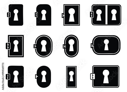 Geometric keyhole icons set featuring various outline and solid designs for security, mystery, and access metaphors