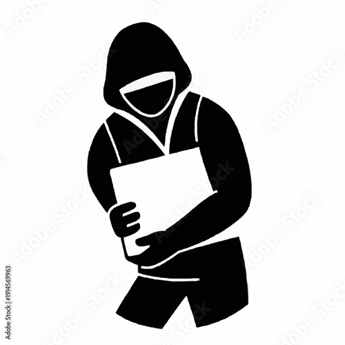 Suspicious Hooded Figure Holding Document, Black Silhouette
