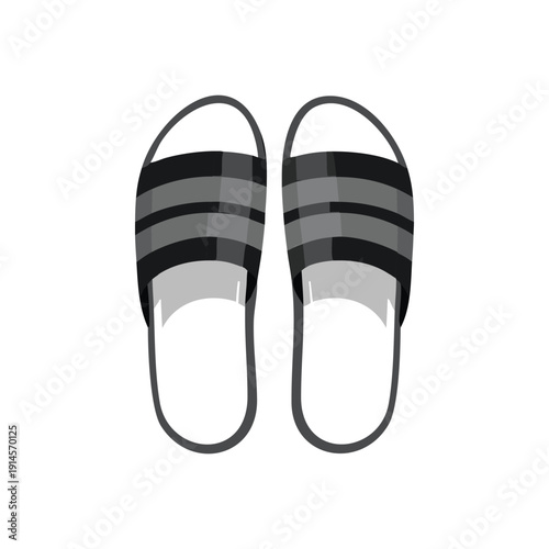 A casual fashion collection featuring a pair of black shoes, blue shoes, and black sneakers isolated on white with summer footwear like rubber flip-flop sandals and pink slippers