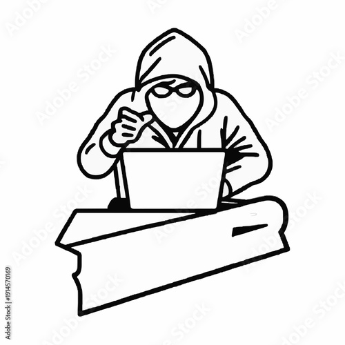 Anonymous Hacker Typing on Laptop - Black & White Vector