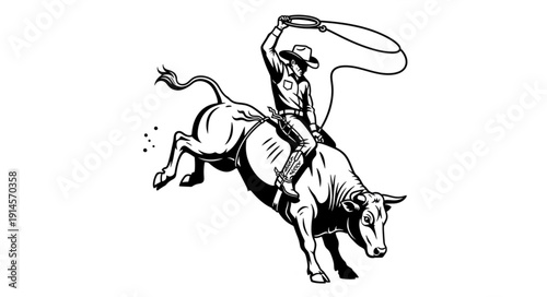 Cowboy riding a bucking bull with a lasso.