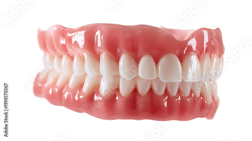 A close-up of a set of dentures, showcasing the details of the teeth and gums