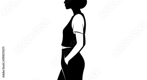 Silhouette of a woman standing with hands in pockets.