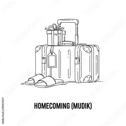 Homecoming gift and luggage with slippers and tag representing welcoming journey