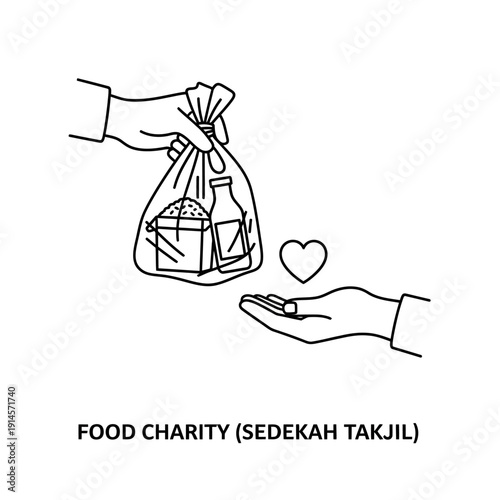 Moslem hand offering charity food and a heart symbol, illustrating compassion and sharing for Iftar meals during the holy month of Ramadhan