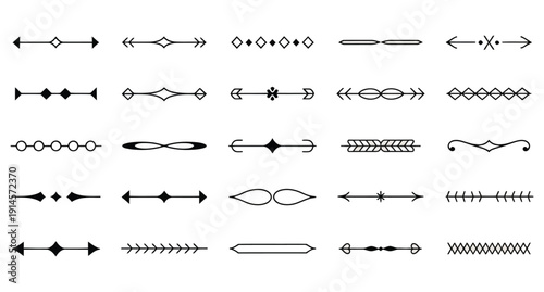 Collection of elegant minimalist black line art dividers featuring various arrows diamonds circles and decorative ornamental separators for design.