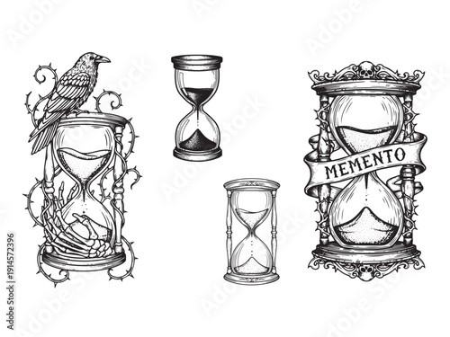 Gothic hourglass minimal engraving tattoo illustration