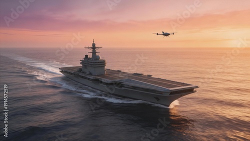 Naval aircraft carrier sailing with helicopter
