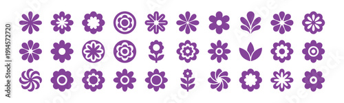 A variety of design elements inspired by flowers. Abstract shapes, geometric icons, and retro floral patterns. Simple symbols, whimsical decorative figures. Vector graphics