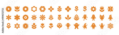 A group of flower-themed design elements. Abstract shapes, geometric icons, and retro floral patterns. Minimal symbols, entertaining decorative figures. Vector graphics
