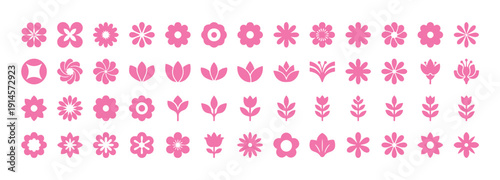 A variety of design elements inspired by flowers. Abstract shapes, geometric icons, and vintage floral patterns. Simple symbols, fun decorative figures. Vector graphics for use in logos, labels