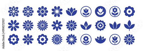 A collection of design elements inspired by flowers. Abstract forms, geometric icons, and vintage floral patterns. Simple symbols, playful decorative shapes. Vector graphics suitable for logos, labels