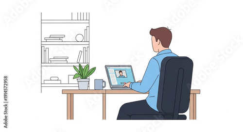 Man working at desk with laptop computer and video call.
