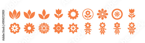 A group of flower-themed design elements. Abstract shapes, geometric icons, and retro floral motifs. Minimal symbols, playful decorative figures. Vector graphics ideal for logos, labels, and stickers.