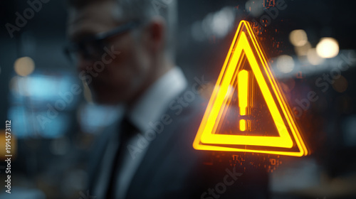 A man in suit with a warning sign