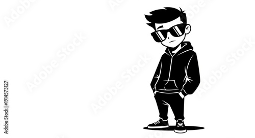Cool Cartoon Boy Wearing Sunglasses and Hoodie Standing Confidently.