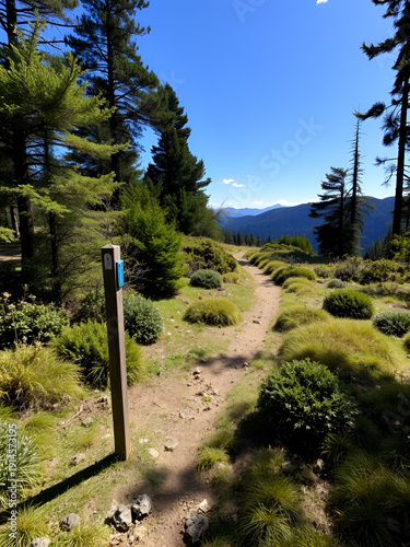 A tramping track in Hunua Ranges, with track marker