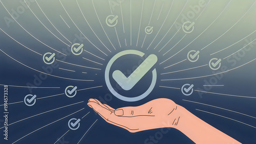 A hand holding a glowing checkmark surrounded by digital verification icons