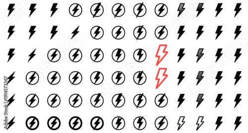 Collection of diverse lightning bolt icons and symbols featuring various styles including outlined, crossed out, and vibrant red variations for graphic design use.