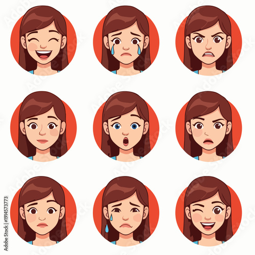 A set of cartoon female faces expressing various emotions from happiness to sadness and shock in circular frames