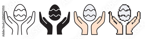 Easter egg in hands icon set. Vector collection featuring linear with editable stroke, flat color, and solid silhouette styles. Minimalist design symbolizing holiday care and spring tradition.