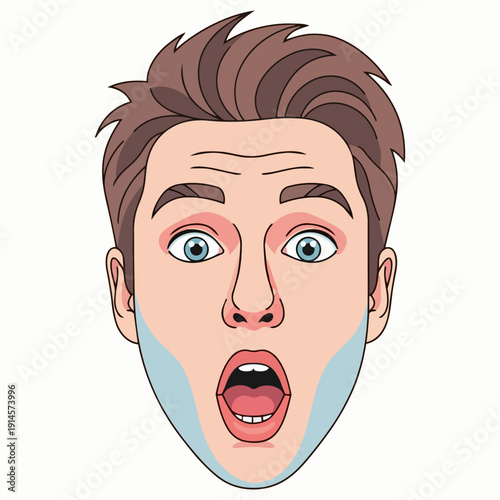 A shocked young man with an open mouth and tears on his face, close-up portrait illustration