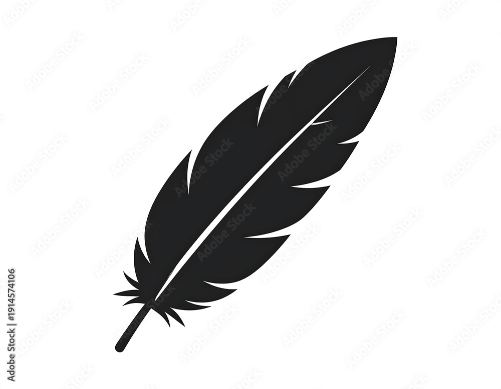 Fototapeta premium Stylized black feather illustration, simple clean lines against a white background