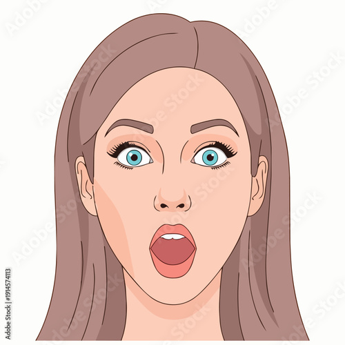 A surprised woman with a shocked expression and wide blue eyes is illustrated in a digital artwork from a frontal viewpoint.