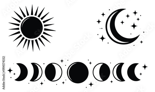 Geometric celestial symbols set featuring the sun, a crescent moon, and various moon phases with stars for astrology and spiritual design
