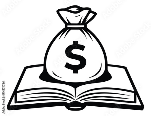 Line art illustration of a money bag on an open book depicting financial education for business and success