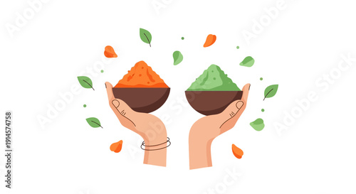 Eco-friendly Holi celebration illustration with colorful powder in bowls held by hands with green and orange hues and leaf decorations.