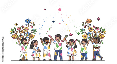A group of diverse people celebrating Holi with colorful flowers and smoke on a white background in an eco-friendly way.