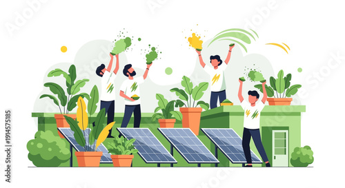 Eco-friendly illustration of people celebrating Holi with colorful flowers and plants, surrounded by solar panels on a green rooftop, conveying a joyful and environmentally conscious mood.