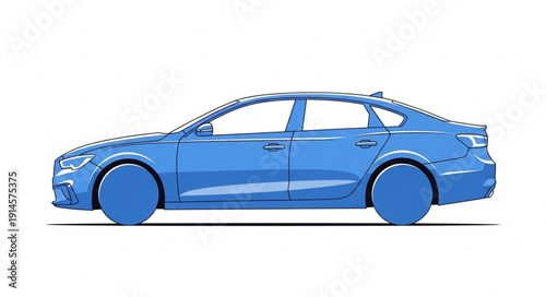 Blue Sedan Car Model Isolated on White Background.
