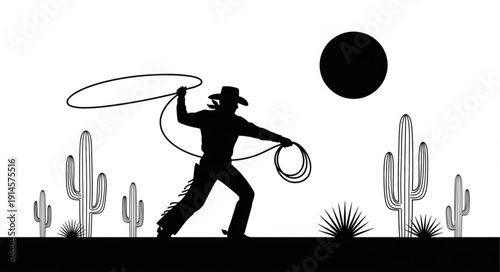 Silhouette of a cowboy with a lasso in the desert.