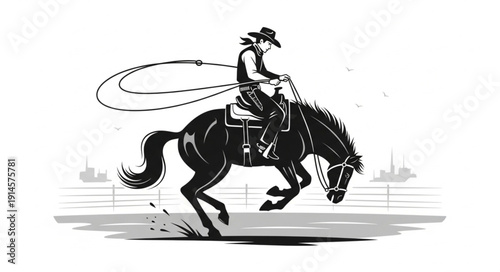 Cowgirl on a bucking horse with a lasso.