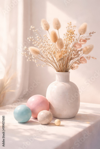 A serene photo features a white vase holding a dried flower arrangement, including fluffy seed heads. Pastel decorative eggs rest nearby, bathed in soft window light with gentle shadows.
