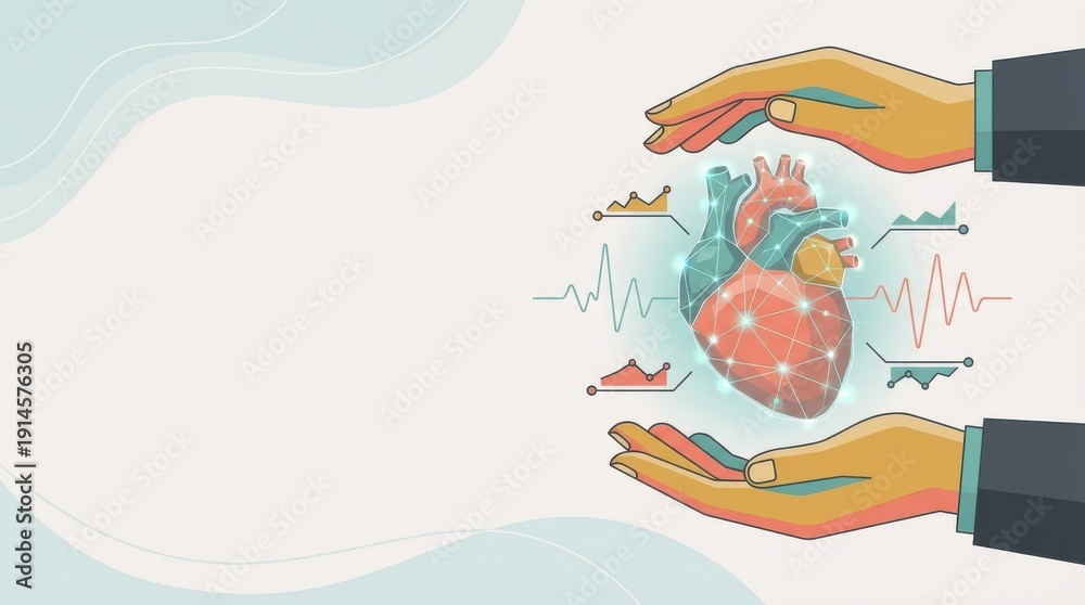Naklejka premium AI driven startup concept. Hands protecting a digital human heart with health and medical data graphs.