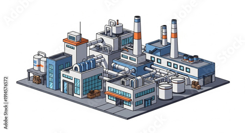 Isometric illustration of a modern industrial factory complex.