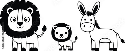 Set of cute cartoon animal illustrations featuring a friendly lion cub baby lion and a donkey isolated on white background for kids