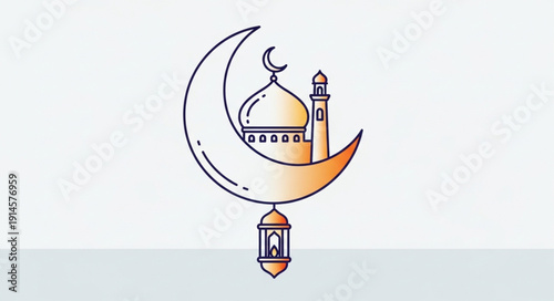 Islamic crescent moon mosque and lantern illustration.