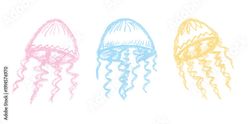 Set of hand drawn jellyfish doodle Sea animal illustration Cute marine underwater creature Medusa sketch clipart Single element for web, design, decor, children's print