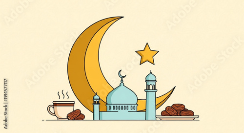 Islamic crescent moon star mosque dates and coffee illustration.